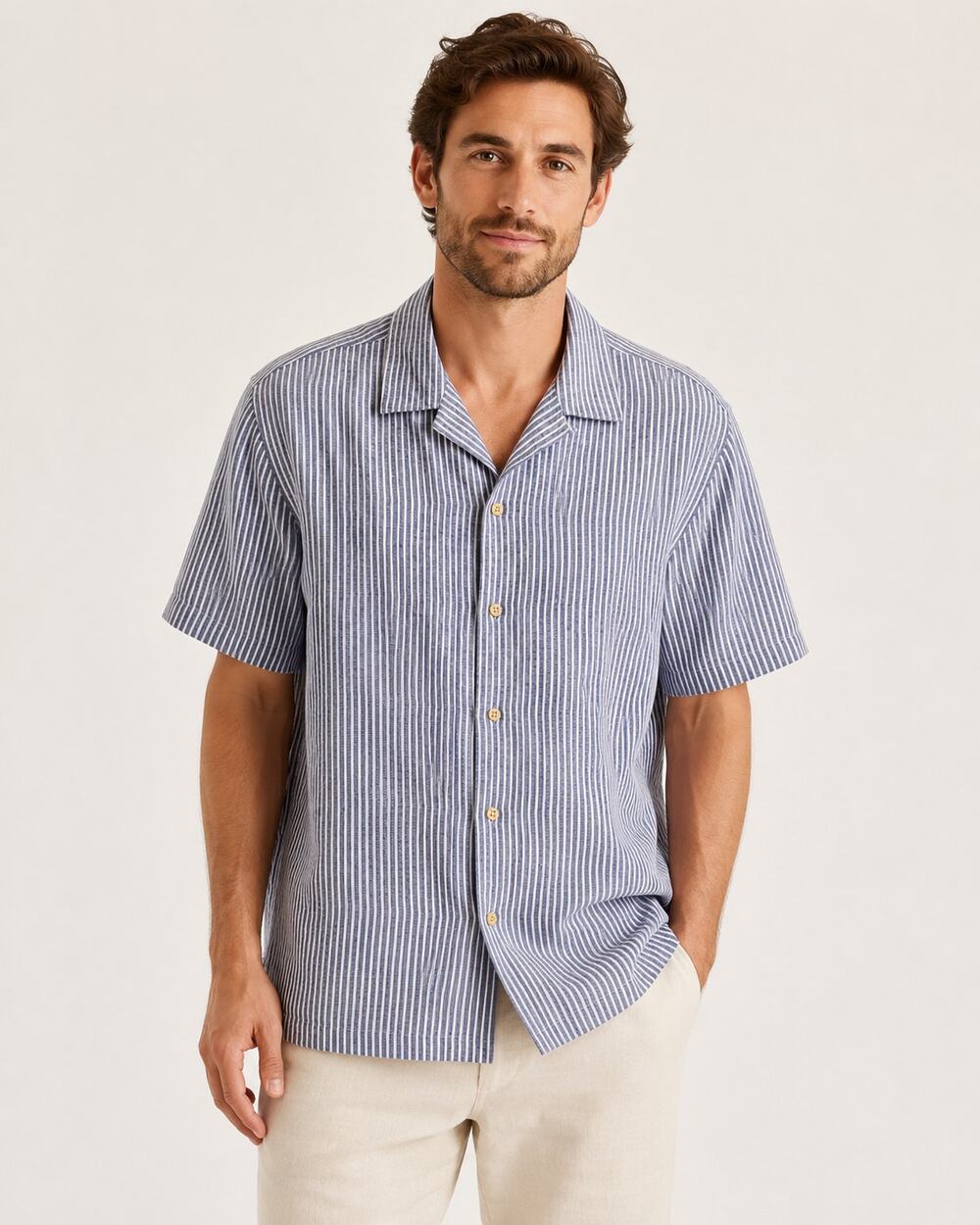 Faherty Pure Linen Blue White Stripe Camp Shirt Men’s Large 48" Chest Turkey